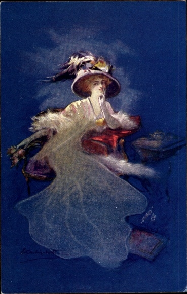 Artist Postcard Painted Woman Portrait, Hat, Dress, Modern Masters