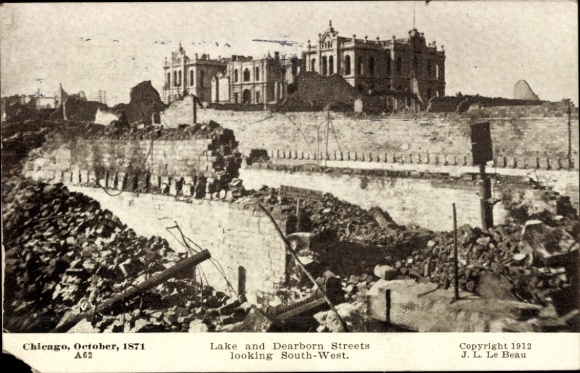 PC Chicago Illinois USA, destroyed buildings, rubble landscape, October 1871