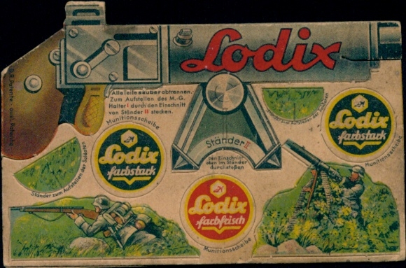 Mechanical Postcard advertising Lodix colorful, fresh colors, craft sheet soldiers and guns for setting up
