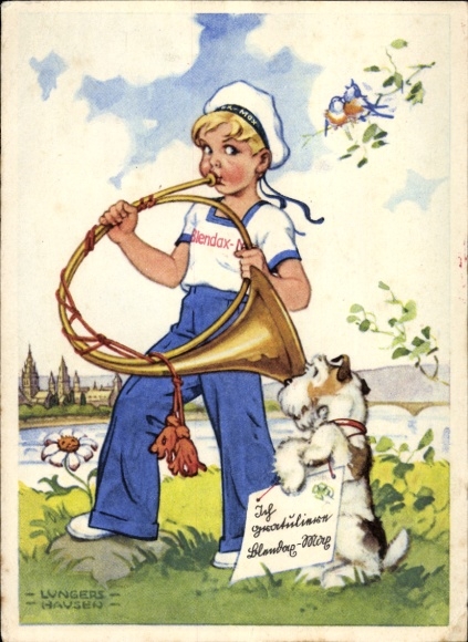 Artist Postcard Lungershausen, Ilse Wende, Blendax advertisement, sailor boy plays horn, terrier