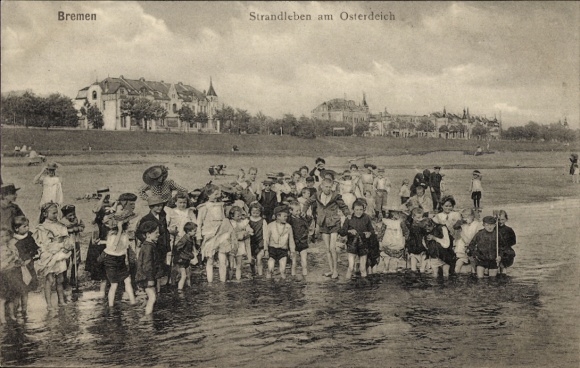 Postcard Osterholz Bremen, beach life at Osterdeich, children in the water, summer