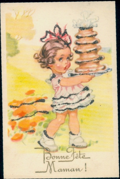 Glitter Postcard Congratulations, girl with cake
