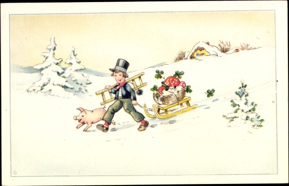 Artist Postcard Döring, Lia, chimney sweep pulls sleds with lucky charms