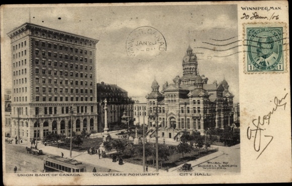 Postcard Winnipeg Manitoba Canada, Union Bank of Canada, City Hall, Volunteers Monument