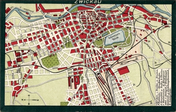 City map Postcard Zwickau in Saxony, Swan Pond, Mulde, Glauchauer Straße, Train Station