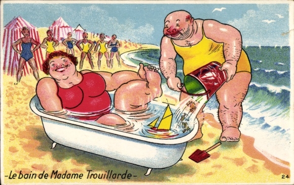 A plump woman bathes in a bathtub, beach