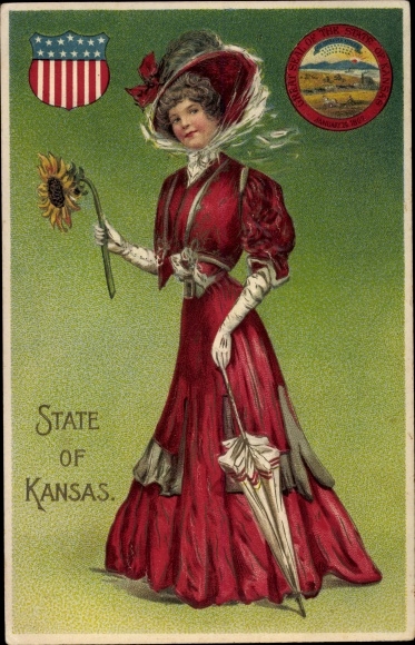 Emboss Coat of Arms Postcard State of Kansas, Woman with Sunflower