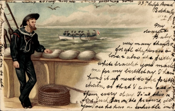 Lithograph of a British marine in uniform, ship