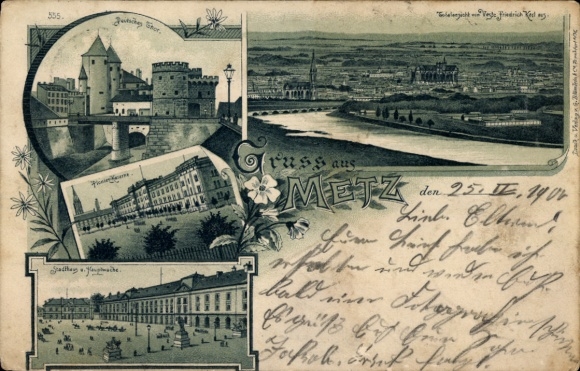 Lithograph of Metz Moselle, general view, German Gate, barracks