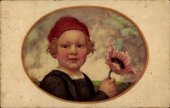 Artist Postcard Zumbusch, Ludwig von, Bavarian Flower Day 1913, Boy with Poppy
