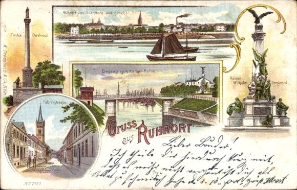 Lithograph Ruhrort Duisburg North Rhine-Westphalia, Kaiser Wilhelm Monument, Fabrikstraße, Finke Monument