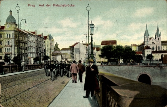 Postcard Praha Prague Czech Republic, Palacký Bridge, people, street view, architecture