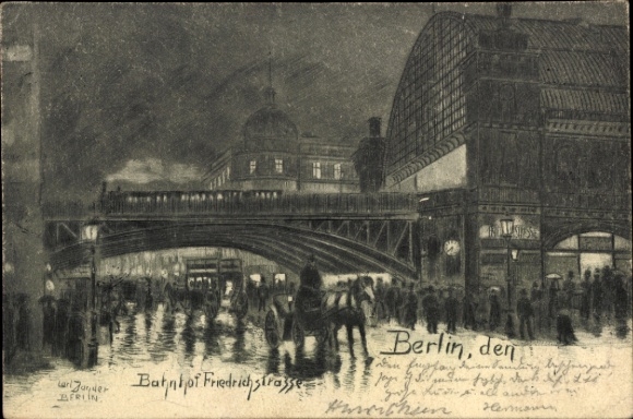 Artist Postcard Jander, Carl, Berlin Mitte, Friedrichstraße station at night, rain