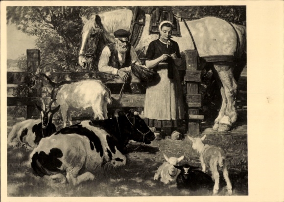 Artist Postcard Junghanns, Jul. P., At the Shepherdess's, Cow, Sheep, Goats, Horse, HDK 509