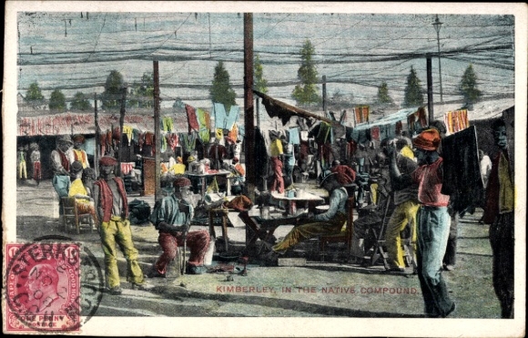 Postcard Kimberley South Africa, market scene, people, laundry, tables, stalls, Kimberley