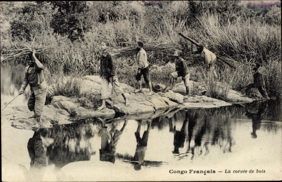 Postcard French Congo, lumber workers transport
