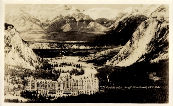 Postcard Banff Alberta Canada, The Bow Valley, Banff, CPR Hotel, impressive mountain landscape