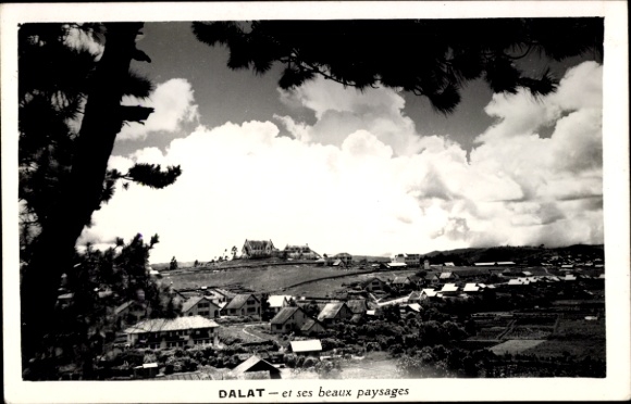 Postcard Dalat Annam Vietnam, beautiful landscapes, houses, hills, clouds