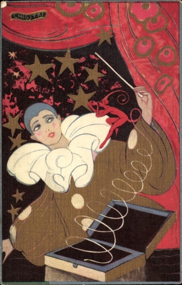 Artist Postcard Harlequin, magician, stars