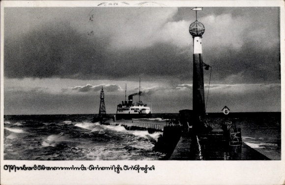 Warnemünde Rostock in Mecklenburg, scene at the jetty, view of steamer, signal tower