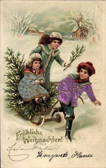 Embosser material, congratulations, Christmas, children, sled, Christmas tree