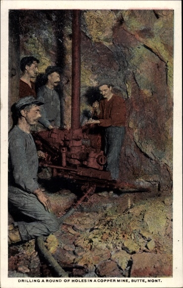 Postcard Butte Montana USA, Drilling a round of holes in a copper mine, Bergleute