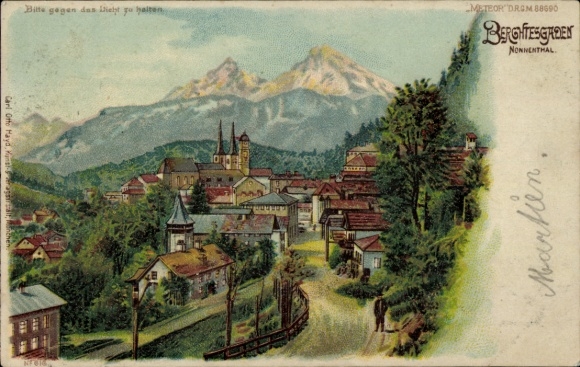 Stop against the light, lithograph Berchtesgaden, street scene in the Nonnental valley, churches