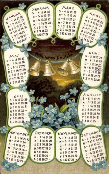 Embosser New Year's greetings, calendar, bells, forget-me-nots