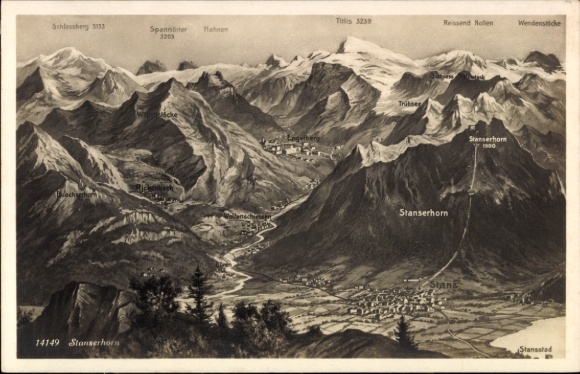 Postcard Stanserhorn, half-canton of Nidwalden, mountain landscape, Engelberg, Trübses, Stansstad