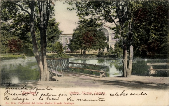 PC Santiago de Chile, park landscape with pond, benches, trees, text in Spanish