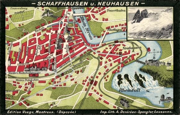 City map of Schaffhausen on the Rhine, Switzerland, Rhine Falls, Hotel National, Neuhausen