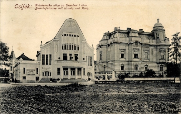 Postcard Osijek Essegg Croatia, Kolodvorska ulica, Urania, cinema, Bahnhofstrasse, 1915