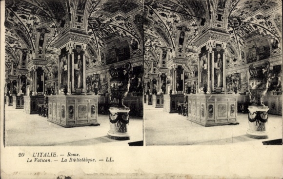 Stereo Postcard Vatican Rome Lazio, Library