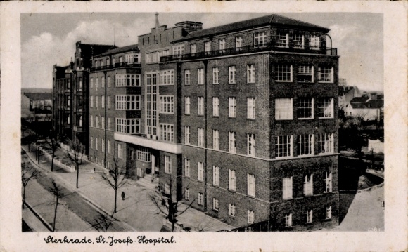 Sterkrade, Oberhausen am Rhein, St. Josef's Hospital, black and white, building, street view
