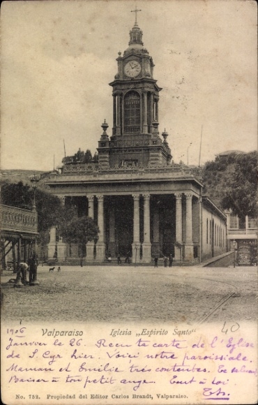 Postcard Valparaíso Chile, Iglesia Espirito Santo, from 1906, text in French