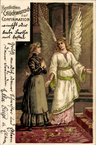 Artist Chromo-Litho Mailick, Congratulations Confirmation, Angel and Young Woman