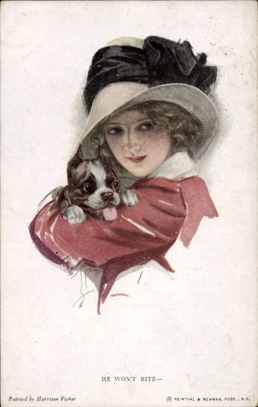 Artist Postcard Fisher, Harrison, He won't bite, Woman with dog in hands