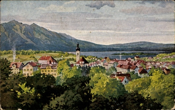 Murnau am Staffelsee, landscape with mountains, lake, town view, Staffelsee