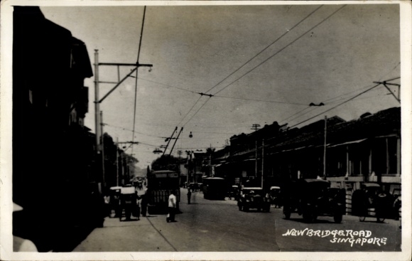 Photo Postcard Singapore, New Bridge Road, tram