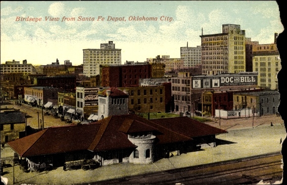 Postcard Oklahoma City Oklahoma USA, bird's eye view of Santa Fe Depot
