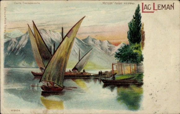 Backlighting, lithograph of Geneva, Canton of Switzerland, Lake Geneva, sailboats