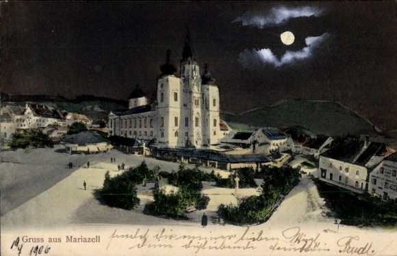 Golden Windows Moonlight Postcard Mariazell Styria, Basilica at Night