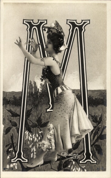 Letters Ak, letter M, young woman