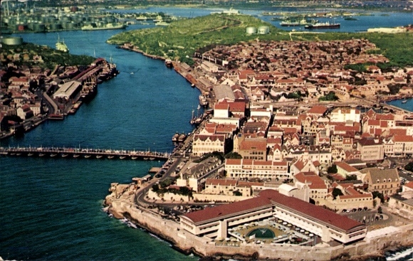 Postcard Curaçao Netherlands Antilles Caribbean, aerial view of Hotel Intercontinental, harbor, Sta