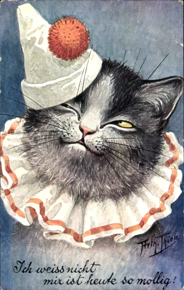 Artist Postcard Thiele, Arthur, I don't know, I feel so plump today, cat in a harlequin costume
