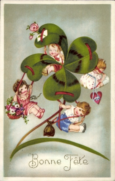 Postcard Bonne Fete, Kleeblatt, Kinder