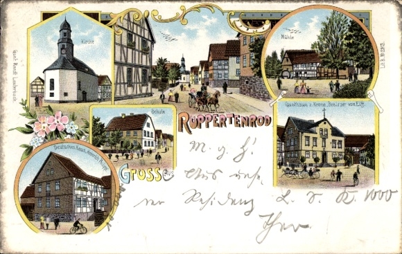 Chromo-Litho Ruppertenrod Mücke in Hesse, Gasthaus zur Krone, mill, school, church