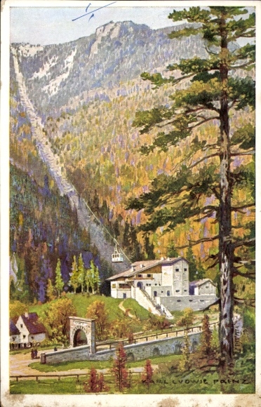 Artist Postcard Prinz, Karl, L., Rax mountain range, Lower Austria, Rax cable car, valley station