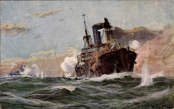 Artist Postcard Stöwer, Willy, German submarine in combat with a merchant steamer in a restricted area