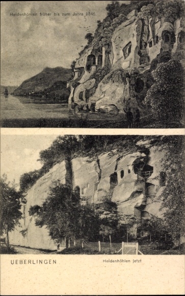 Postcard Überlingen on Lake Constance, Heidenhöhlen then and now